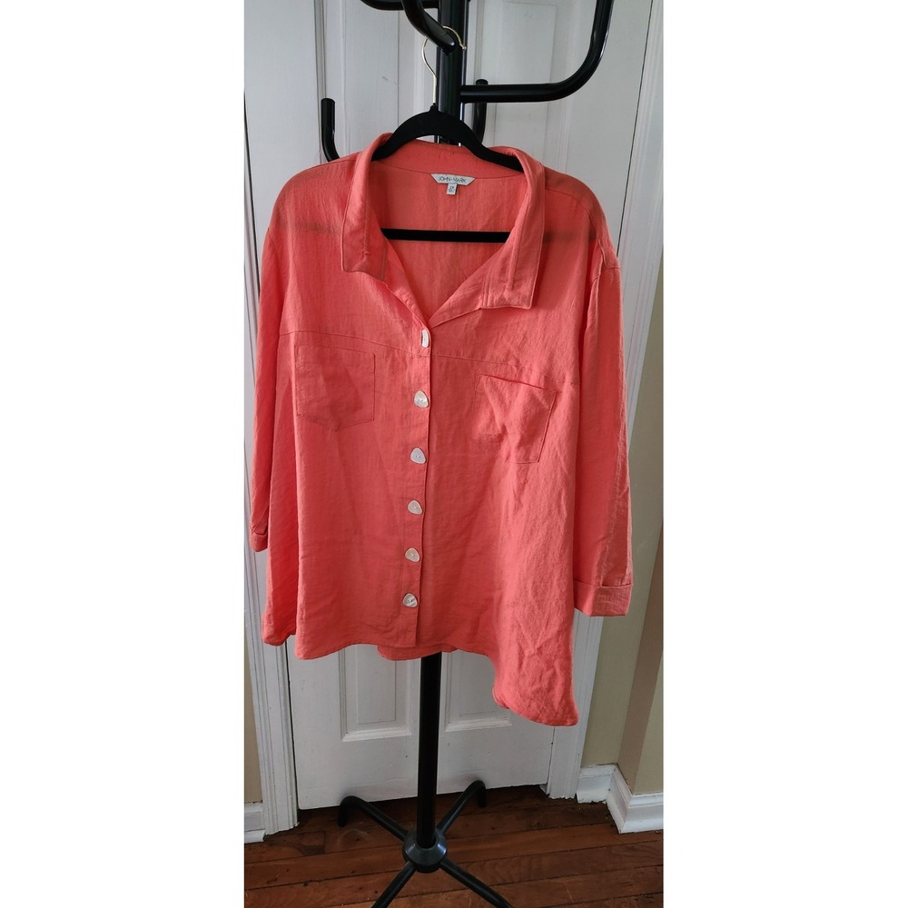 John Mark Plus Size Solid Coral Linen Camp Shirt Wire Collar Button Up 2X